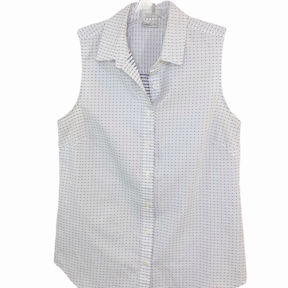 Van Heusen Sleeveless Button Up Blouse Size S White Blue Geometric Print
